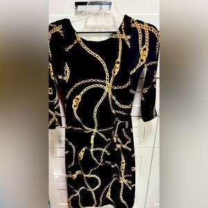 LAUREN RALPH LAUREN Black Gold Chain Link Jersey Dress Boat Neck Pullover Sz 4